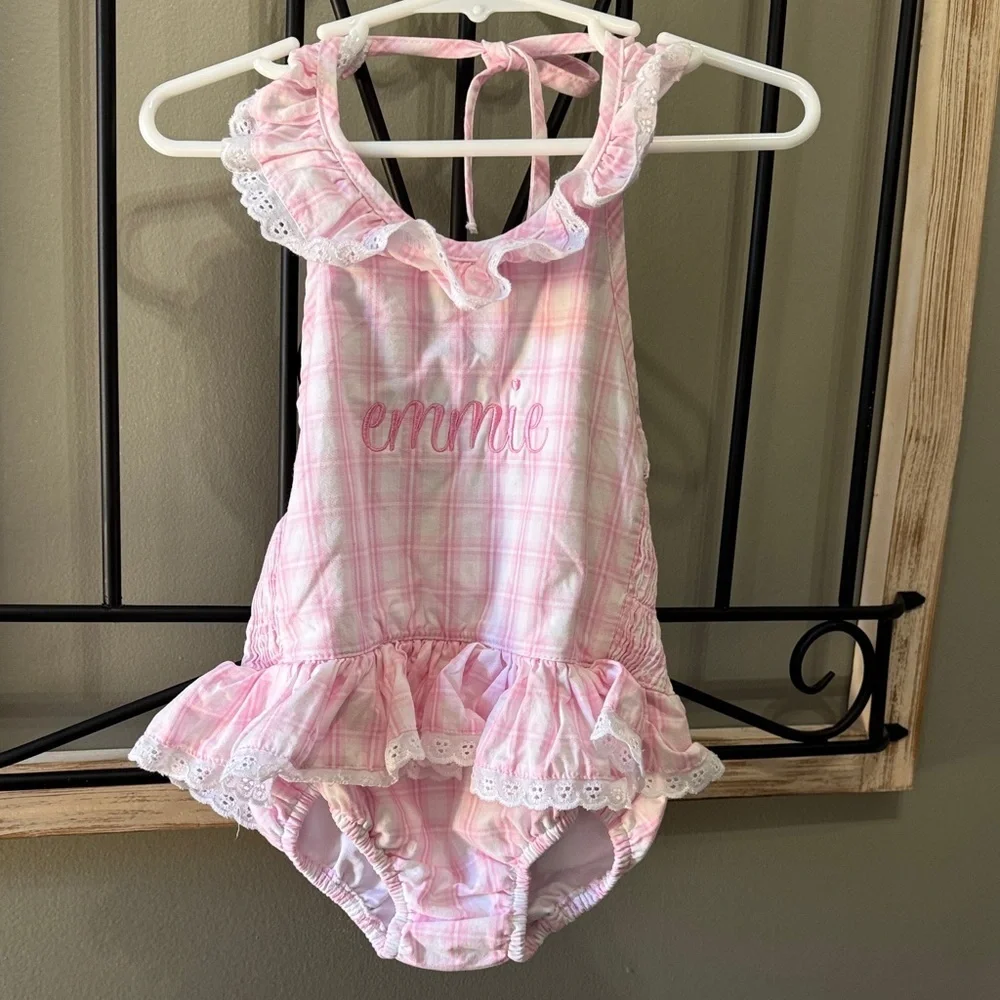Plaid Ruffled Baby Swimsuit Emmie 12 m smocked threads Cecil and Lou monogrammed